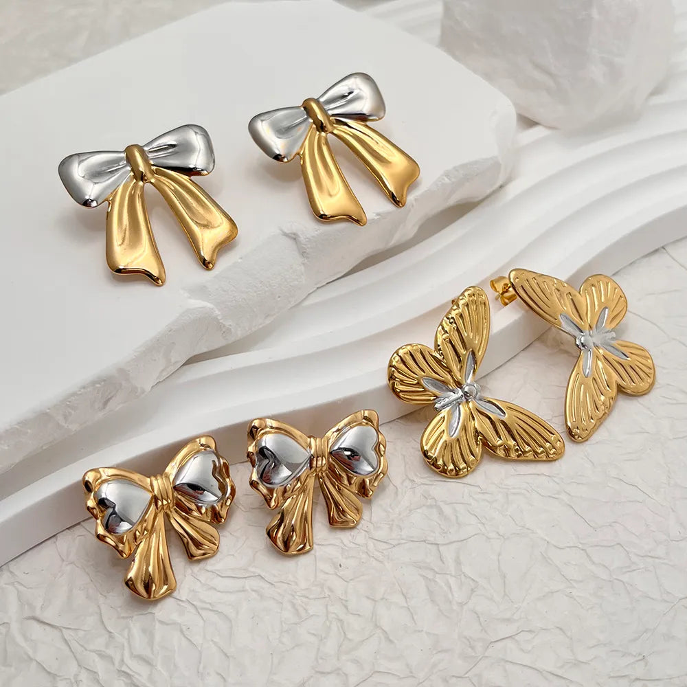 SHINY BOW STUDS | modern 304 stainless steel with zircon &amp; 18K gold plating