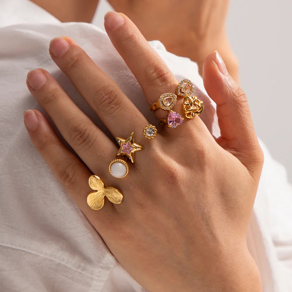 BLOOM MISMATCH | ASYMMETRICAL ZIRCON FLOWER RING IN 304 STAINLESS STEEL